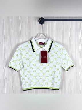 Gucci White Polo with Lime GG Motif and Navy Trim